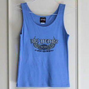 HARLEY DAVIDSON TANK TOP 105 YEARS ANNIVERSARY.  BLUE, SILVER, MEDIUM NEVER WORN